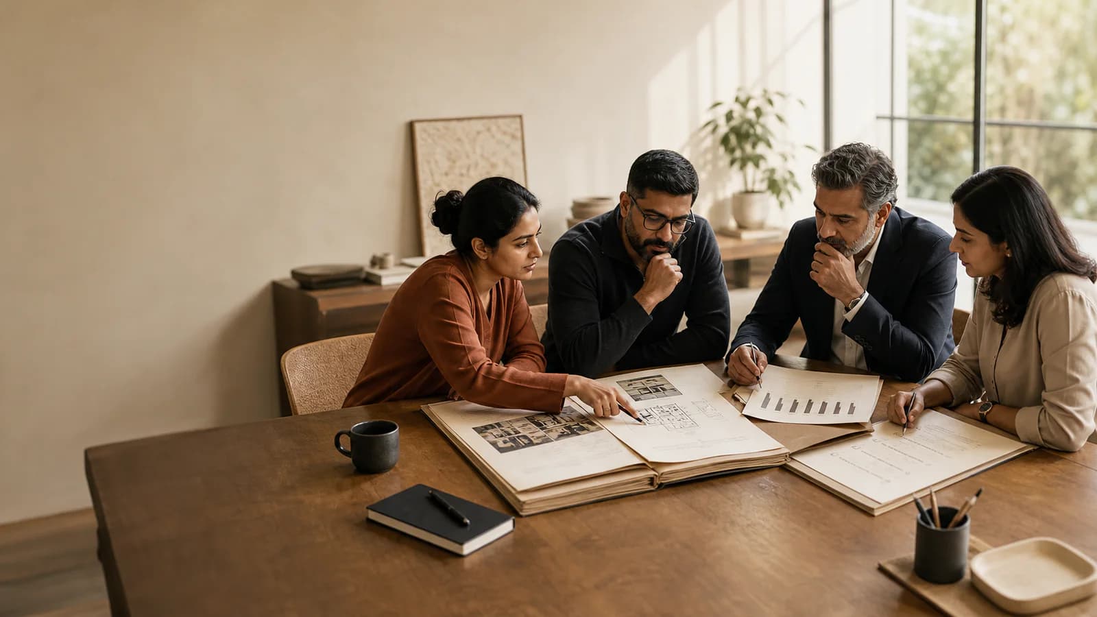 Four business decision makers examining different parts of one shared account dossier.