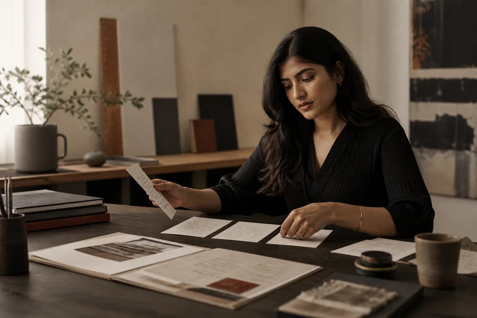 Maya, a fictional AI teammate persona, translating one account dossier into role-specific correspondence.