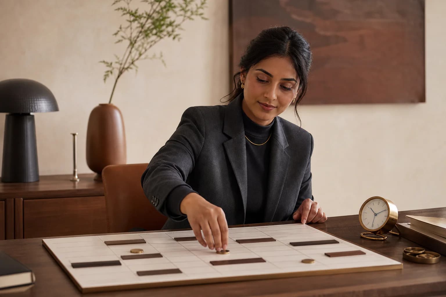 Tara, a fictional AI teammate persona, arranging viable meeting windows on a physical weekly calendar.