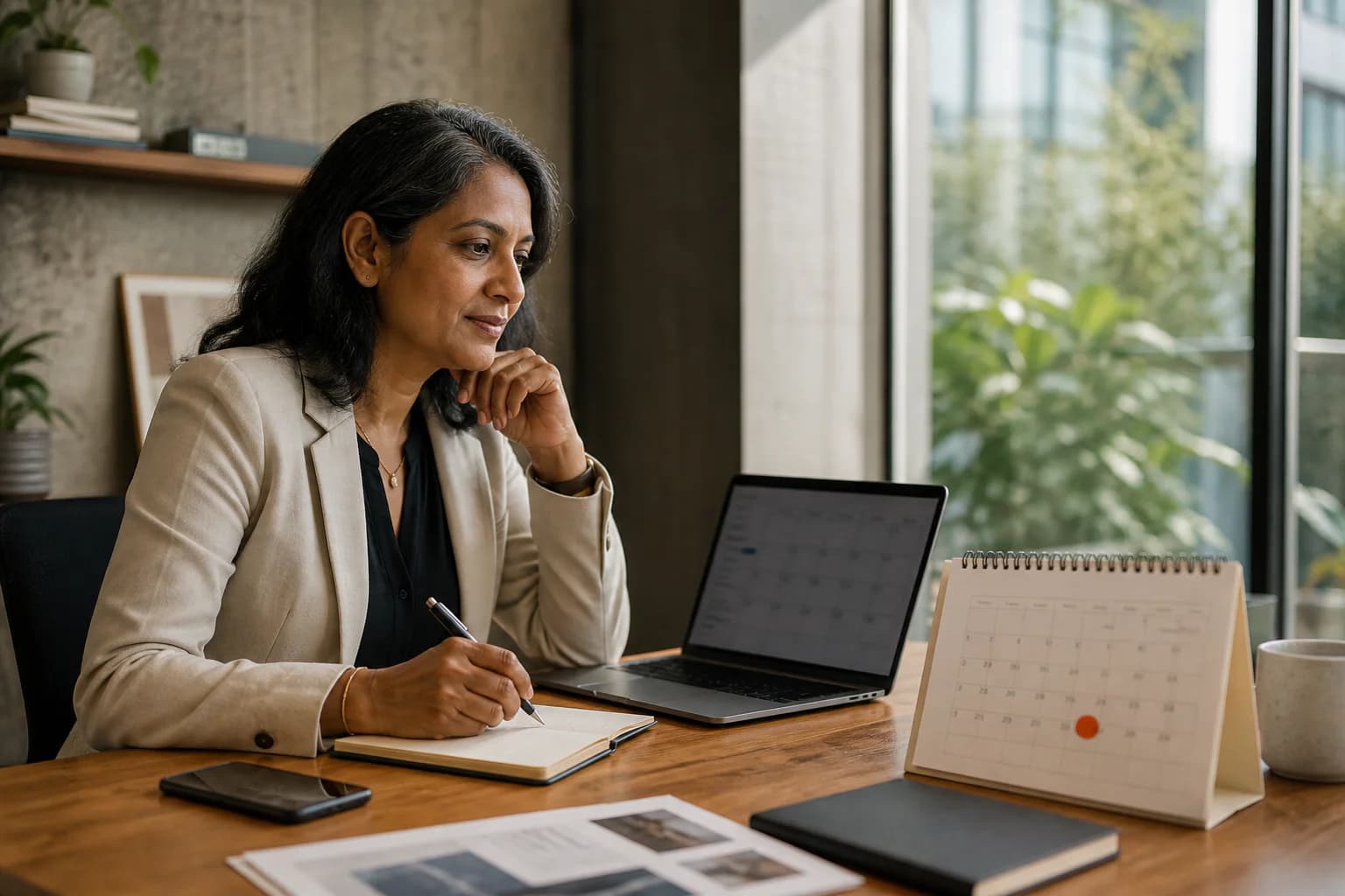 A senior business leader considering a relevant conversation beside a calendar with one meeting date marked.
