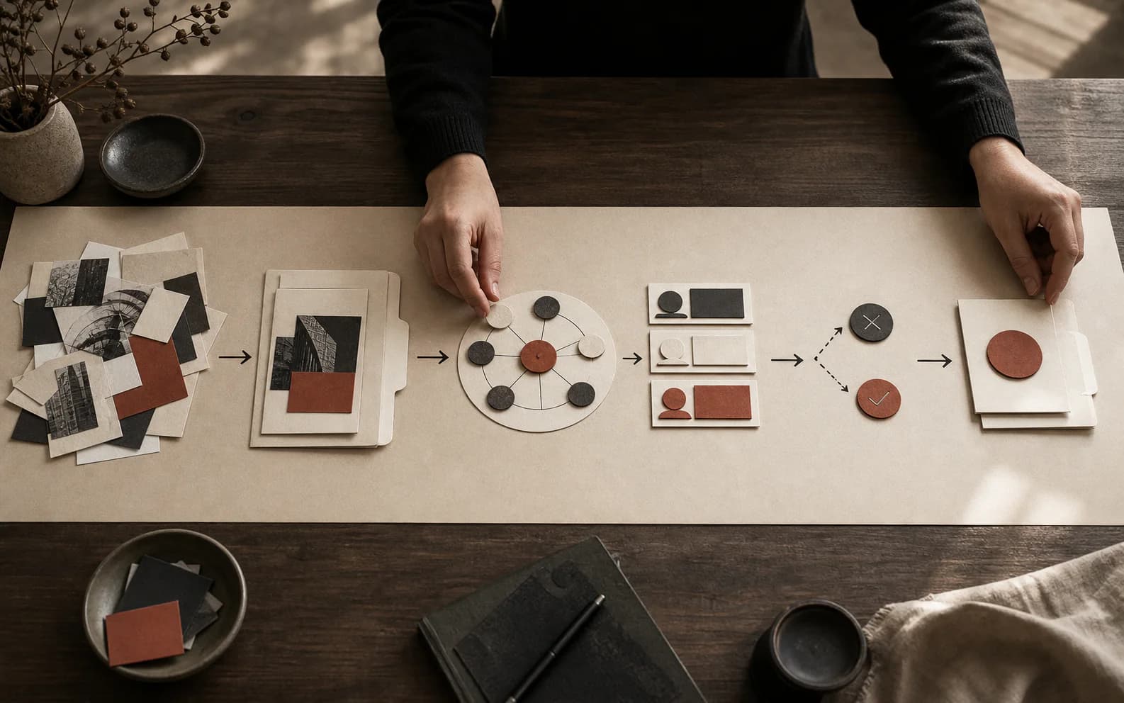 A six-stage physical workflow moving from research fragments through account, committee, messages, reply, and meeting.