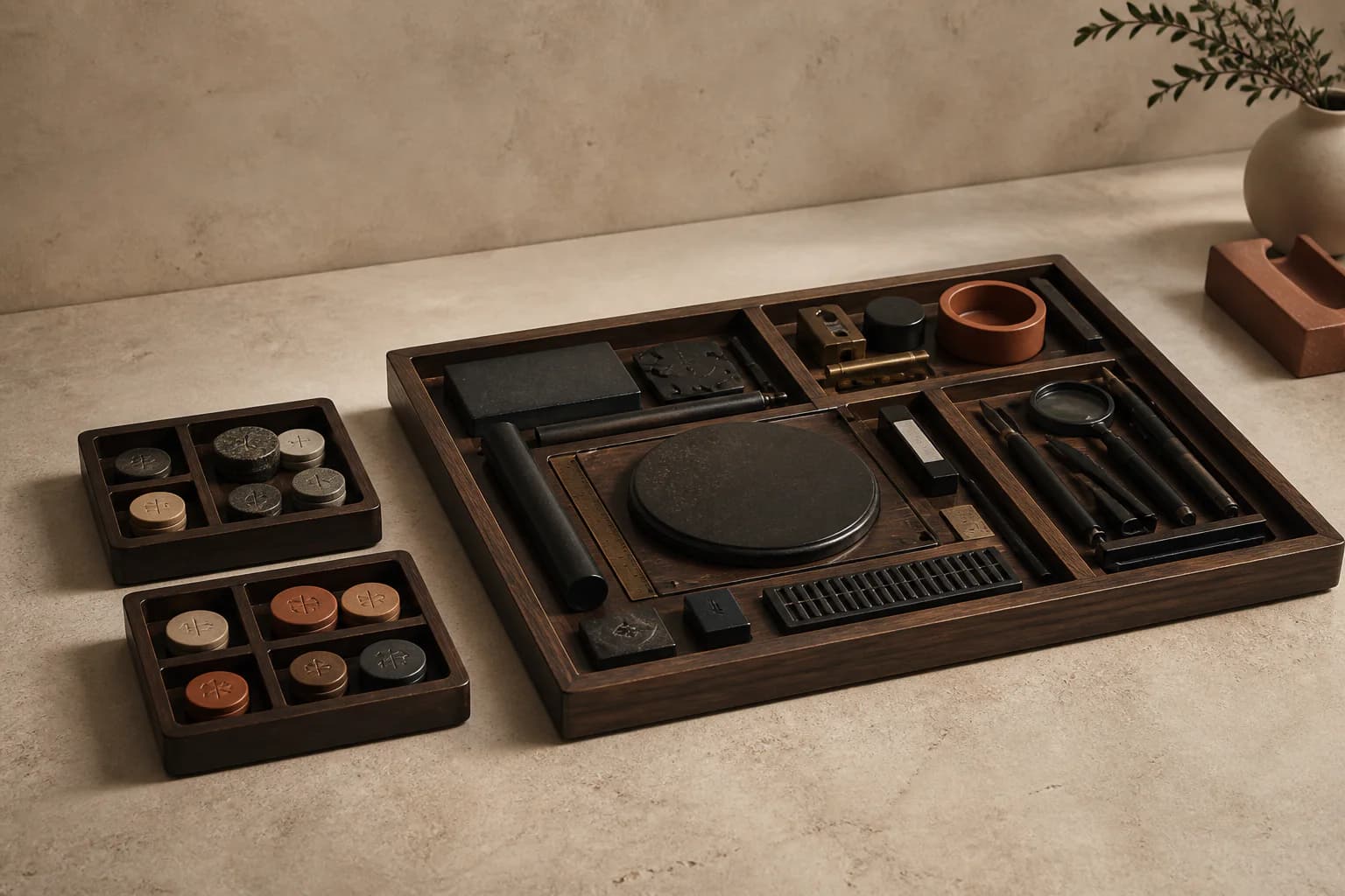 A complete central toolset beside two measured trays of research data tokens.